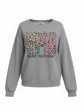 MTV Leopard Print Logo Crewneck Sweatshirt Heather Gray Pink Retro Inspired SZ S